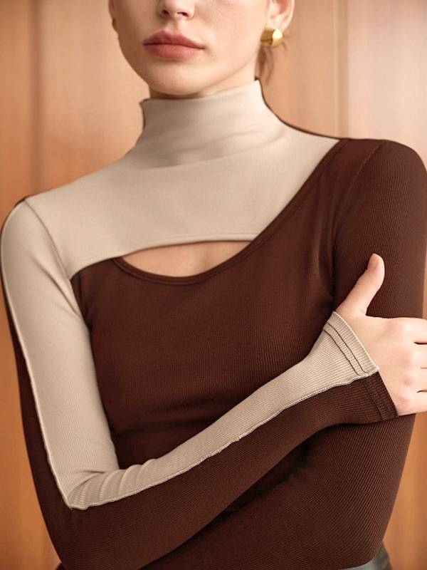 Contrast Color Half Turtleneck Hollow T-shirt