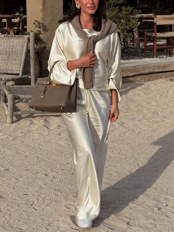 Minimalist Old Money Crewneck Shirt And Wide Leg Pants Suit-ShirtPants