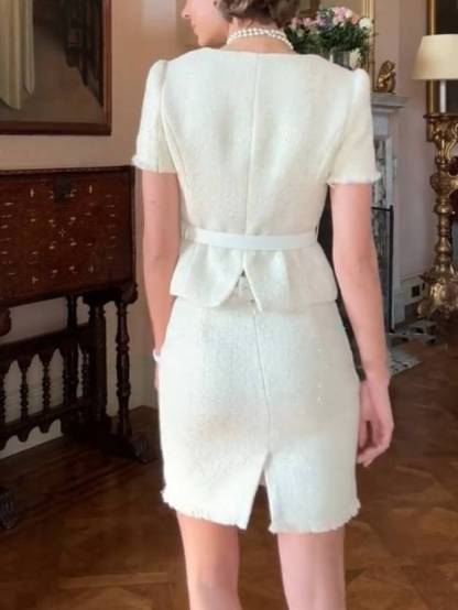 Elegant Chanel Style Short-sleeved Back Slit Top And Skirt Suit - Top