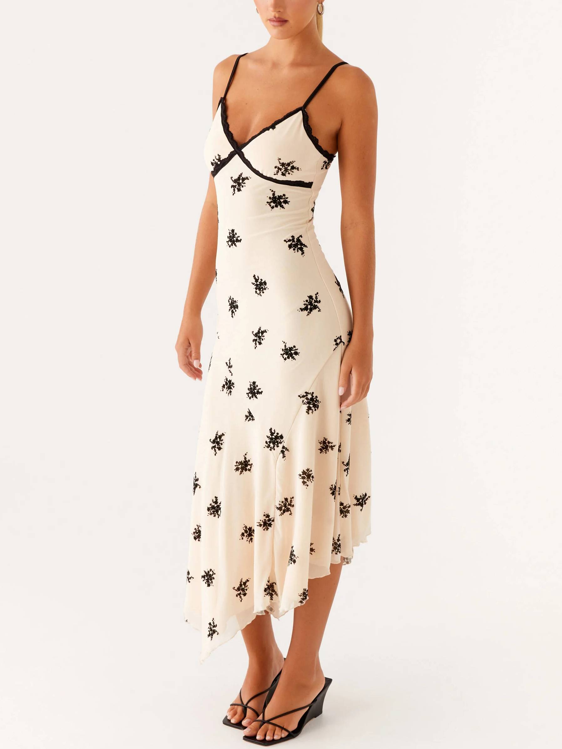 Lace-edged Floral Sling Midi Dress