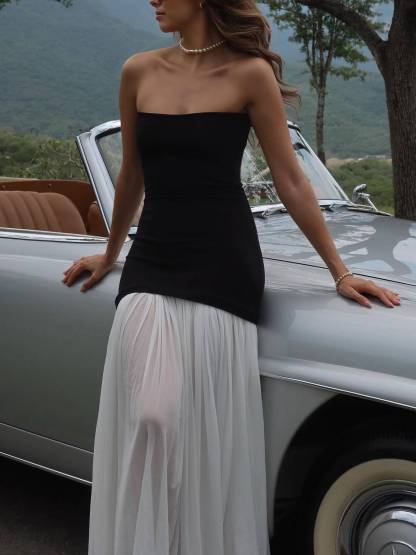 Elegant Slim-fit Tube Top Pleated Hem Maxi Dress