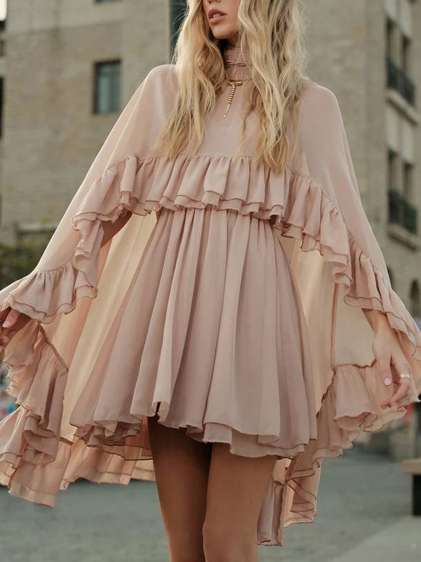 Semi-Sheer Chiffon Ruffle Cape And Mini Dress Suit