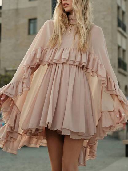 Semi-Sheer Chiffon Ruffle Cape And Mini Dress Suit