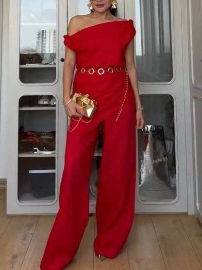 Off-shoulder Top And Wide-leg Pants Suit - Top
