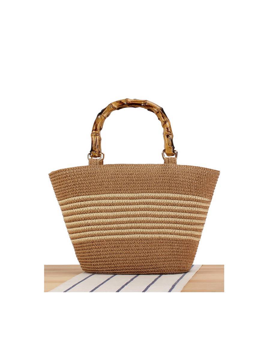 Bamboo Handle Striped Contrast Color Straw Handbag