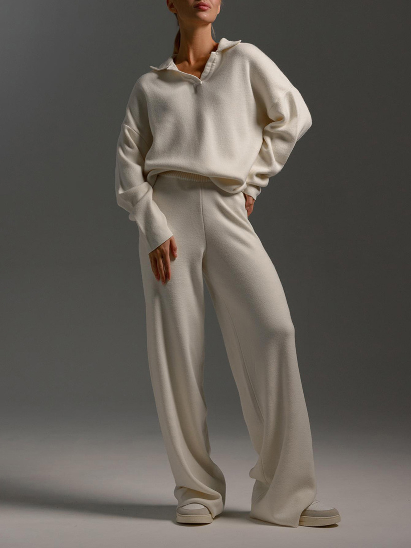 Polo Neck Knitted Pullover Wide Leg Pants Two-Piece Sets