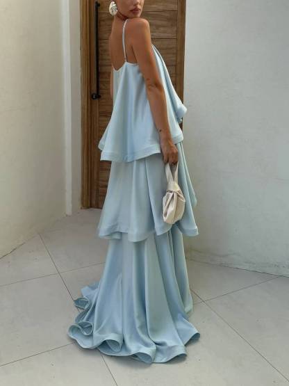 Elegant Three-layer Ruffle Sling Maxi Dress