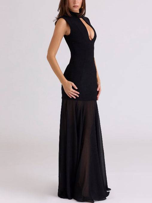 Hollow Design Tulle Splicing Maxi Dress