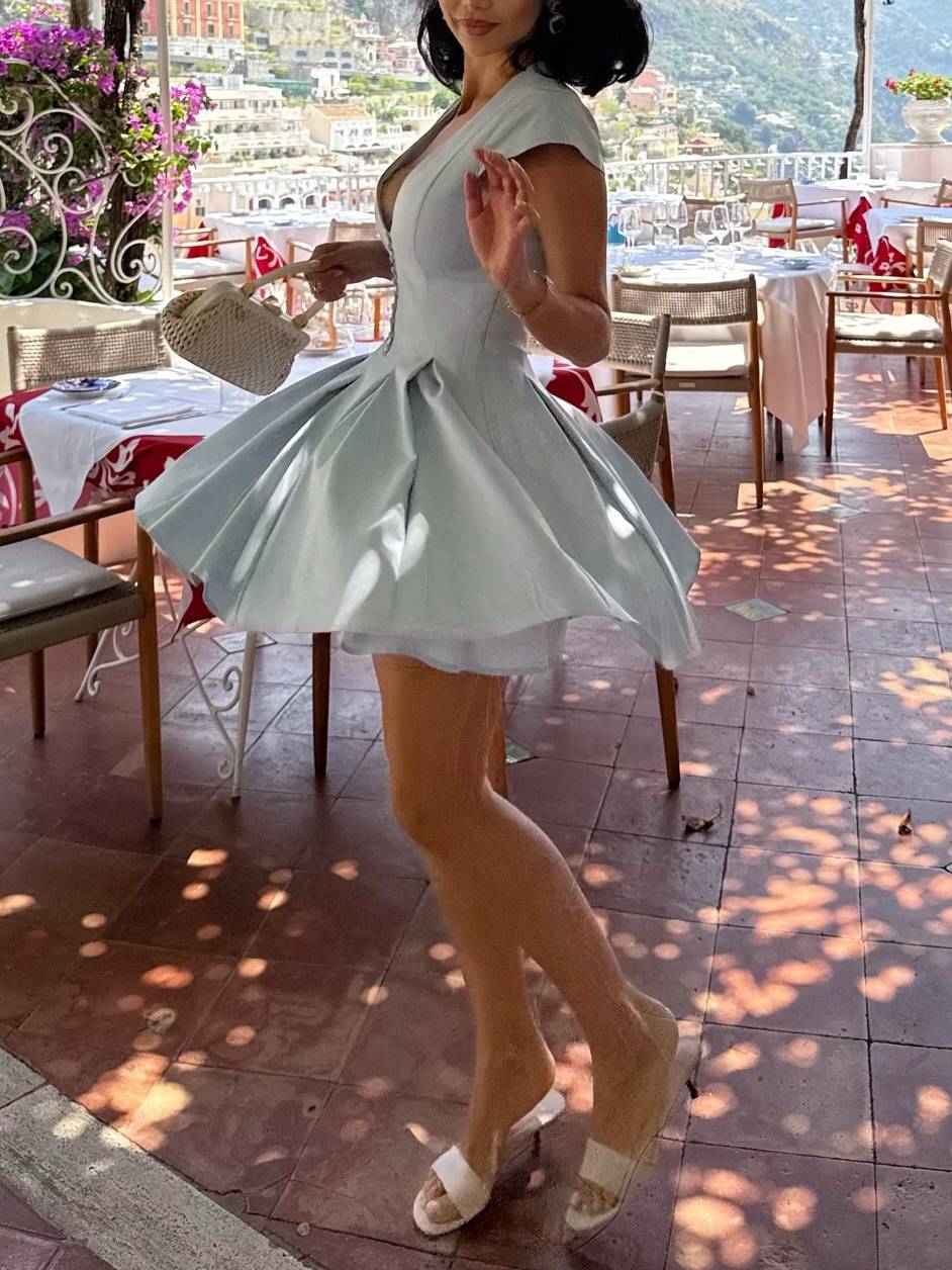 V-neck Short Sleeve High Waist A- Line Mini Dress