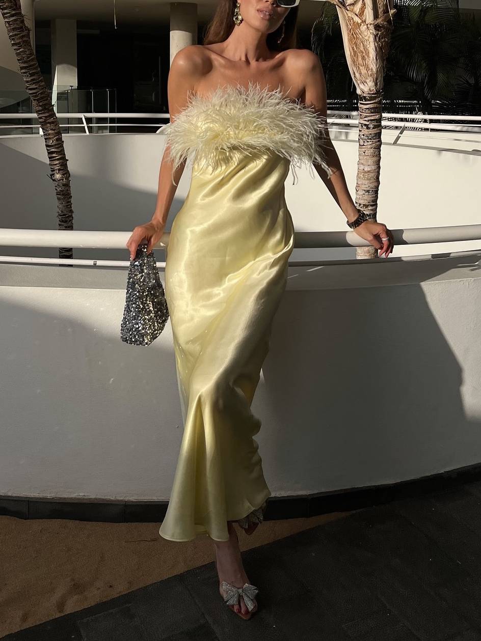 Light Luxury Feather Tube Top Maxi Dress