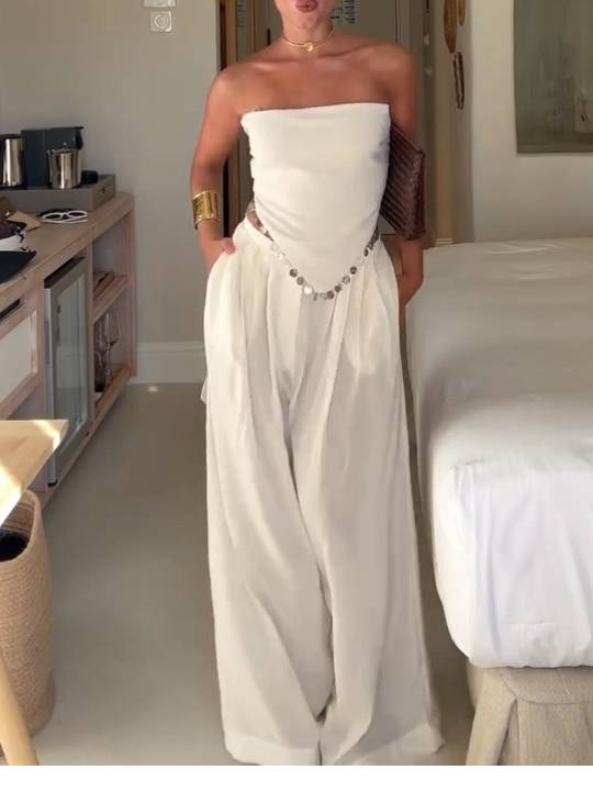 Tube Top Lace-Up Irregular Top And Wide Leg Pants Suit-Pants