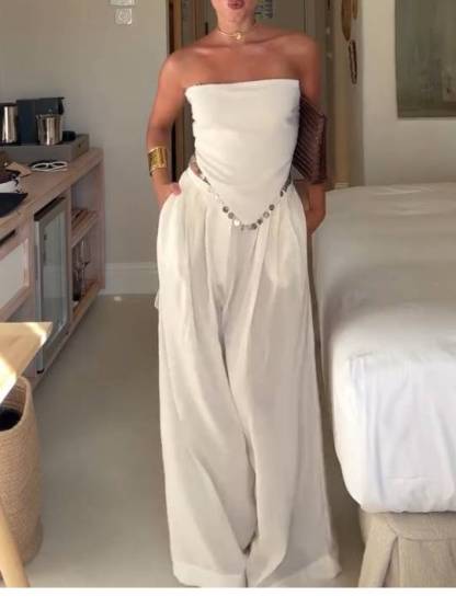 Tube Top Lace-Up Irregular Top And Wide Leg Pants Suit-Top