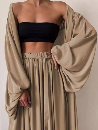 Long Shirt Wide Leg Pants Tube Top Three-piece Set