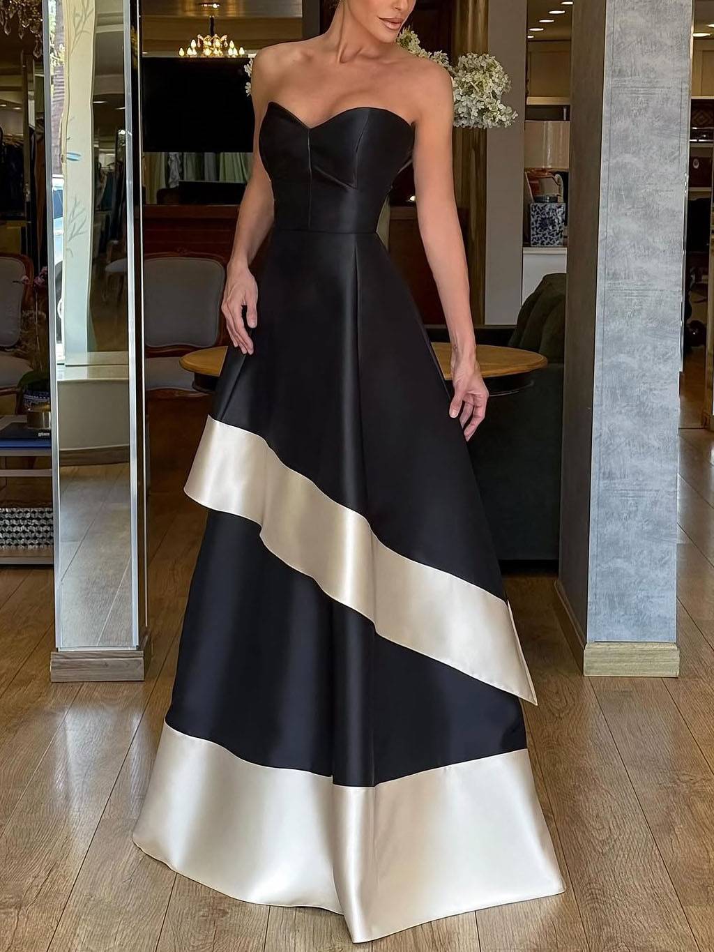 Tube Top Color Contrast High Waist A- Line Maxi Dress