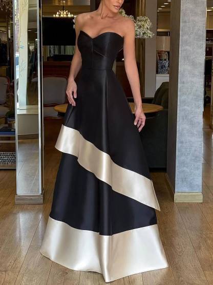 Tube Top Color Contrast High Waist A- Line Maxi Dress