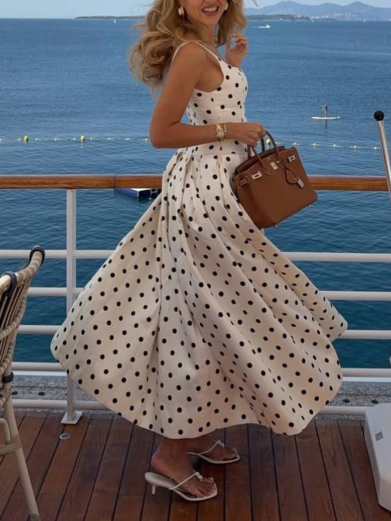 Retro Polka Dot Sling Maxi Dress