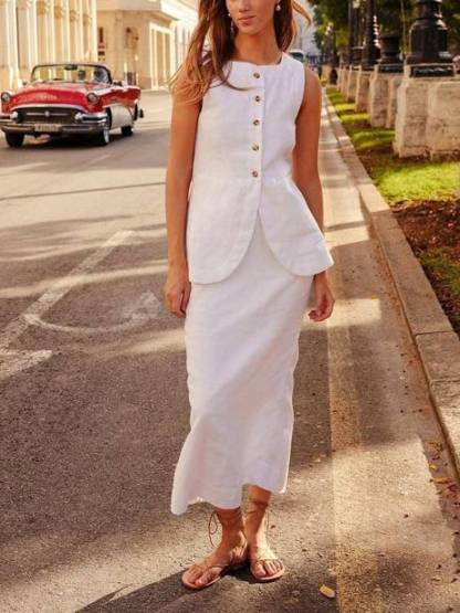 Square Collar Sleeveless Vest High Waist Skirt Suit