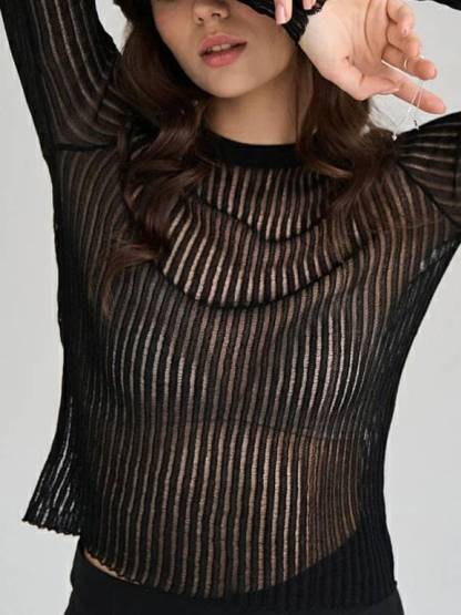 See-through Slim-fit Crewneck Long-Sleeved Thin Sweater