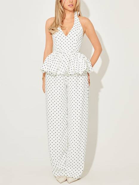 Vintage Polka Dot Halterneck Lace-up Top And Wide Leg Pants Suit-Pants