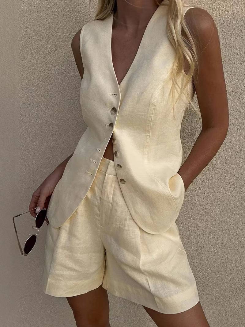 Minimalist Cotton Linen Vest And Shorts Suit