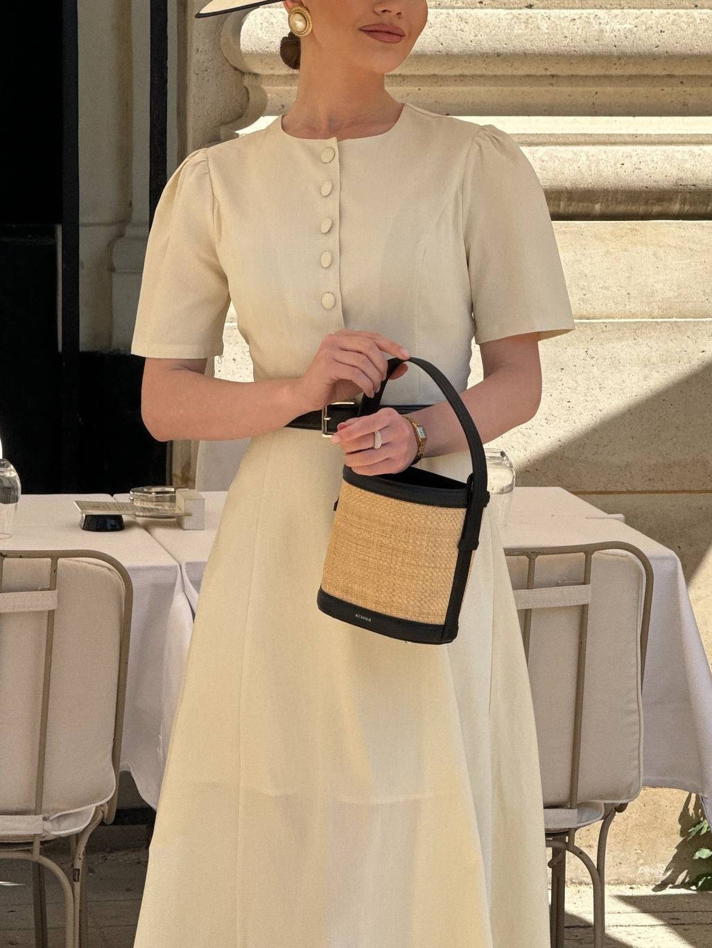 Elegant Retro Round Neck Puff Sleeve High Waist Midi Dress