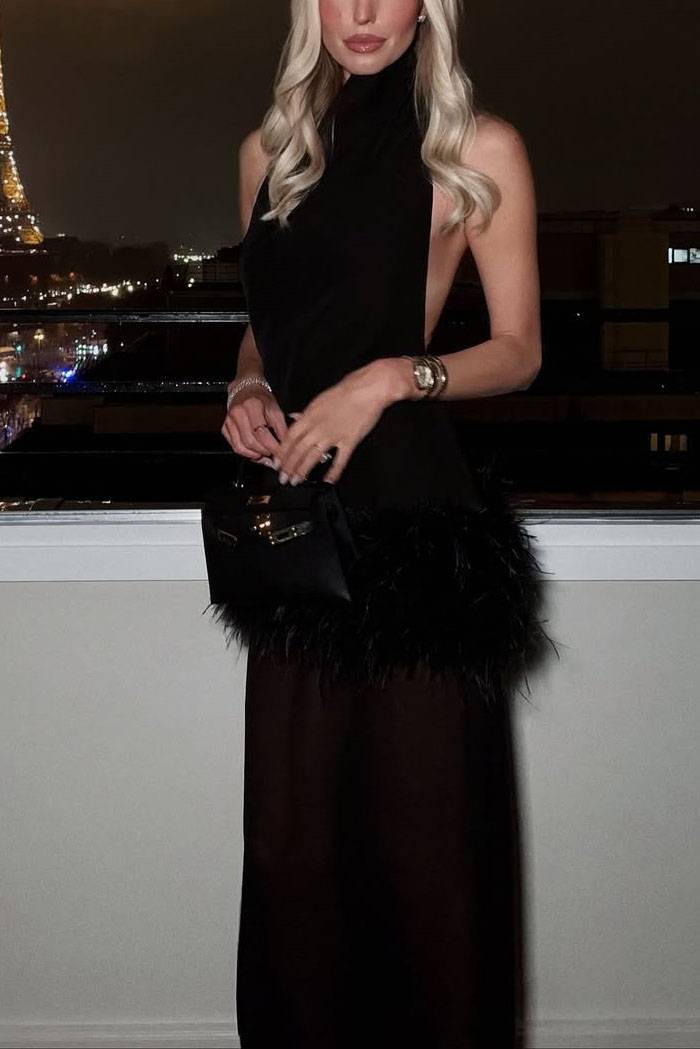 Feather Design Halter Neck Backless Maxi Dress