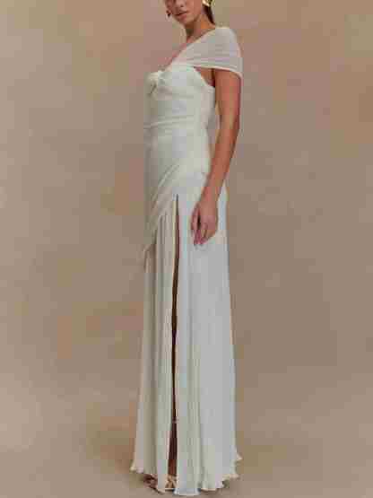 Off-shoulder Pleated Slit Maxi Dress