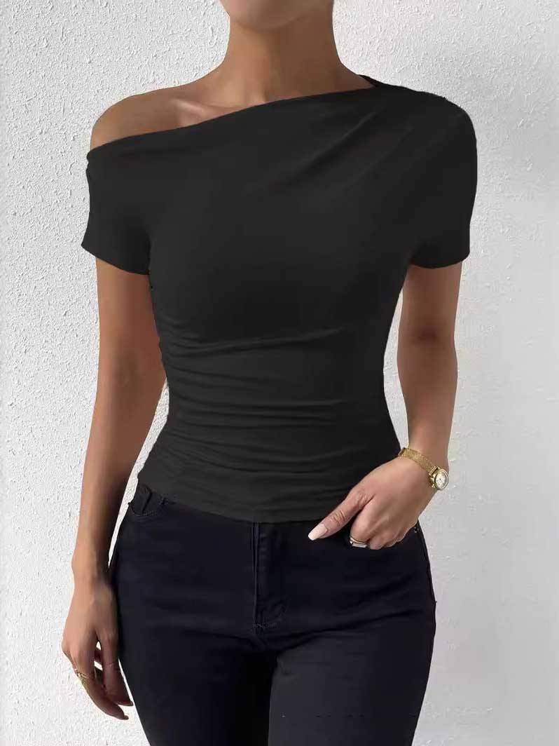 Off-shoulder pleated short-sleeved T-shirt