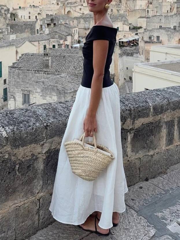 Off-shoulder Color-contrast Splicing Maxi Dress