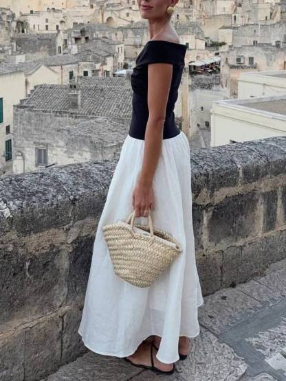 Off-shoulder Color-contrast Splicing Maxi Dress