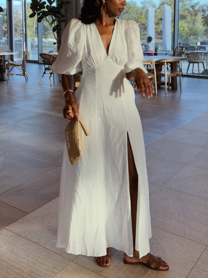 Vintage Bubble Sleeve Side Slit Dress