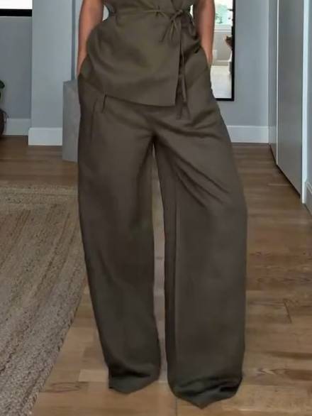 Minimalist Vest And Wide Leg Pants Suit-Pants