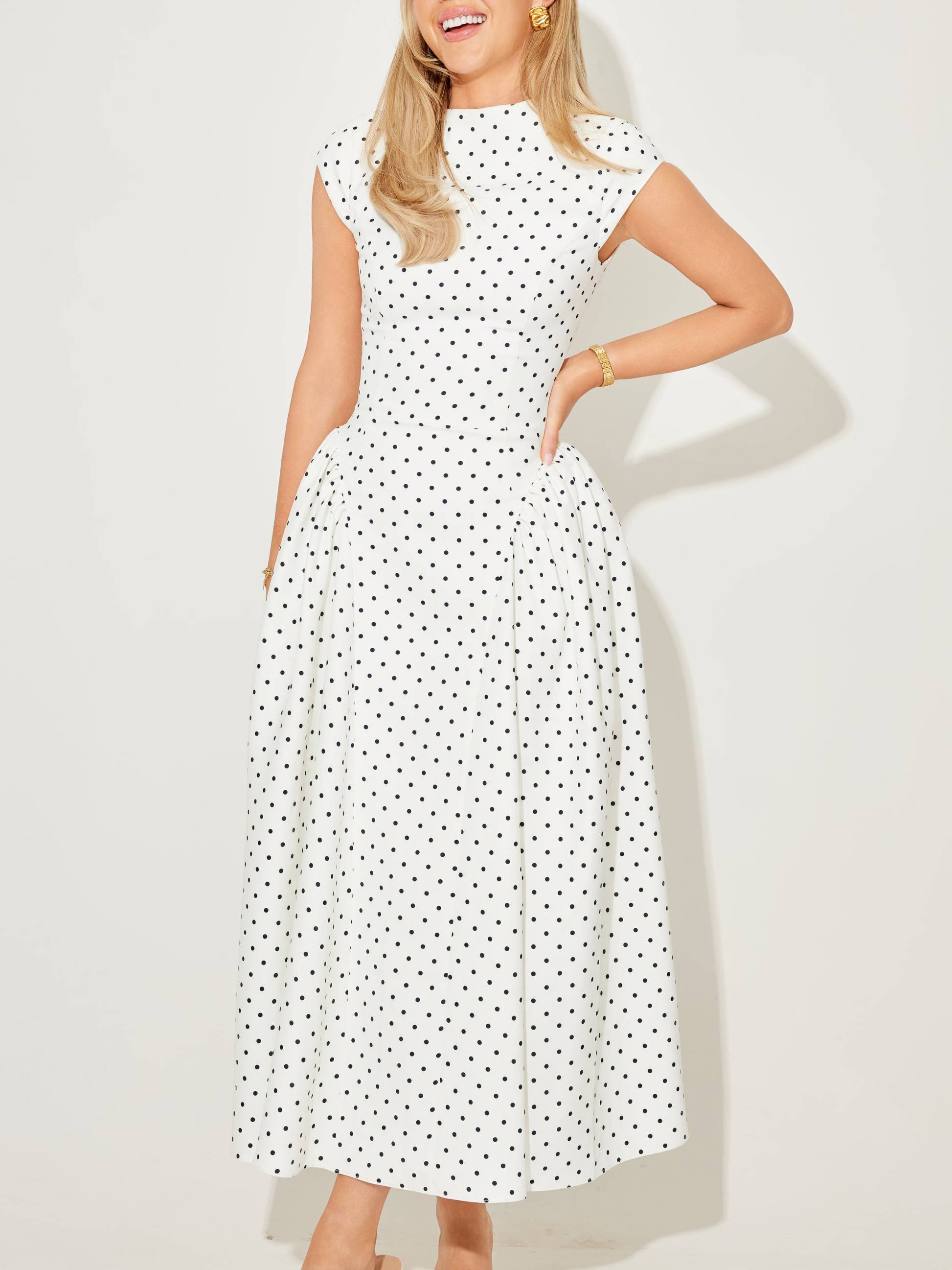 Vintage Polka Dot Short Sleeve Midi Dress