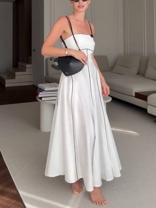 Black And White Contrast Color Sling Maxi Dress