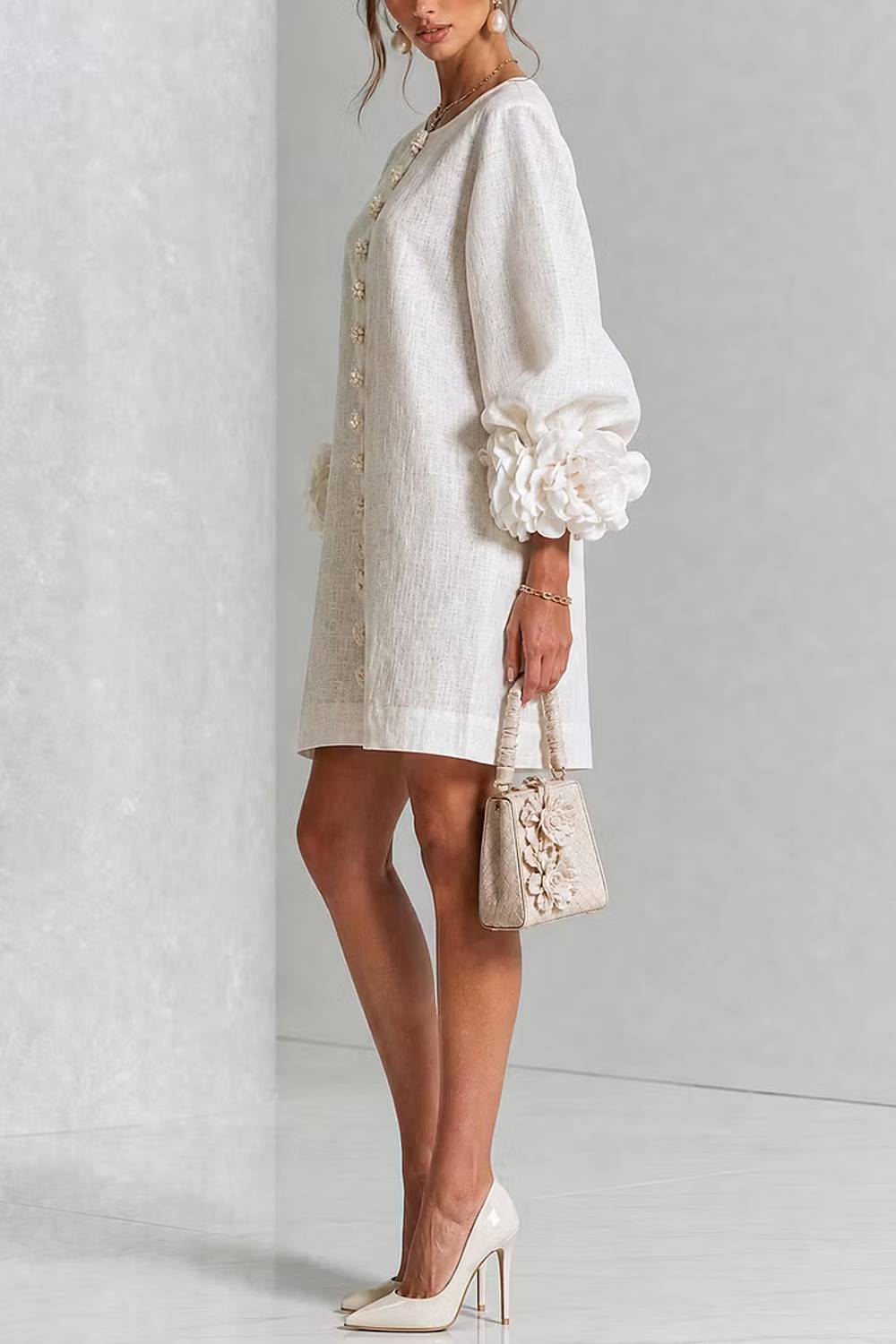 Three-dimensional Floral Cuffs, Puff Sleeves, Short Dress
