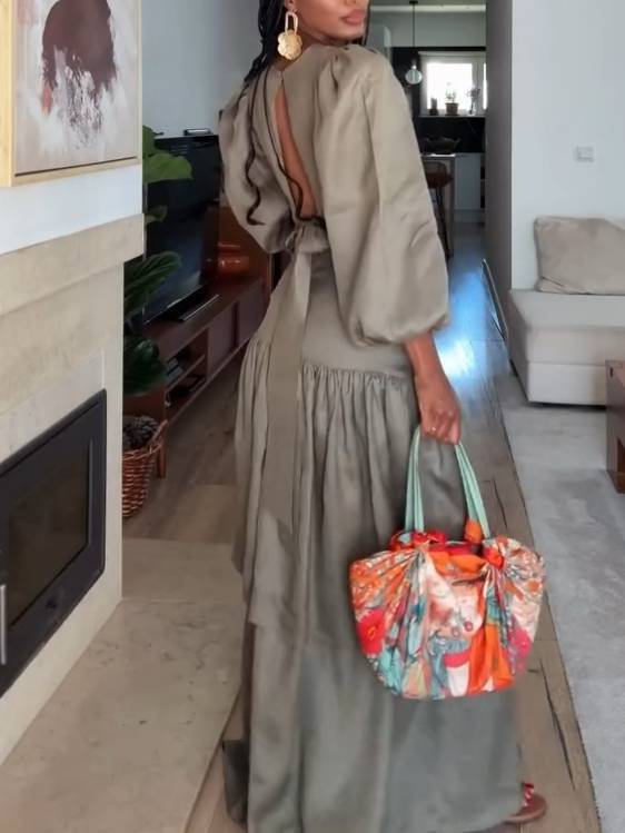 Hollow Out Side Slit Bubble Sleeve Maxi Dress