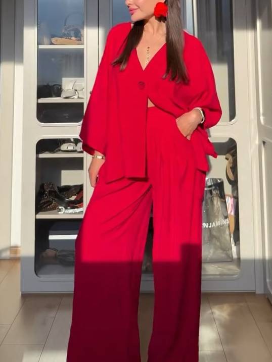 Minimalist Loose Shirt And Wide Leg Pants Suit-Pants