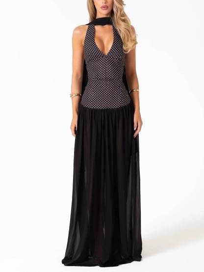 Retro Polka Dot Halter Neck Lace-up Scarf Maxi Dress