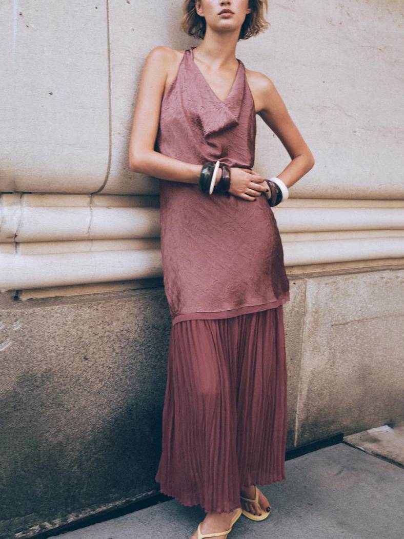 Irregular Pleated Design Swing Collar Stitching Maxi Dress
