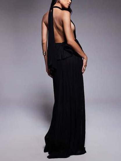 Deep V-Neck Halter Neck Backless High Waist Line Ruffled Maxi Dress