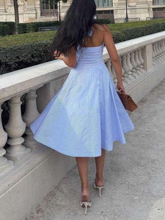 Halter Neck Lace-up High Waist A- Line Stripe Midi Dress