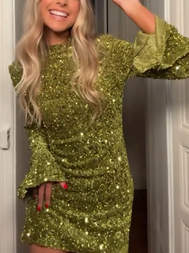 Shiny Bell Sleeve Mini Dress