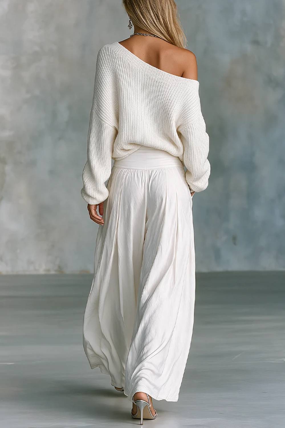 Off Shoulder Rib Knit Top & Layered Wide Leg Pants Two Piece Set