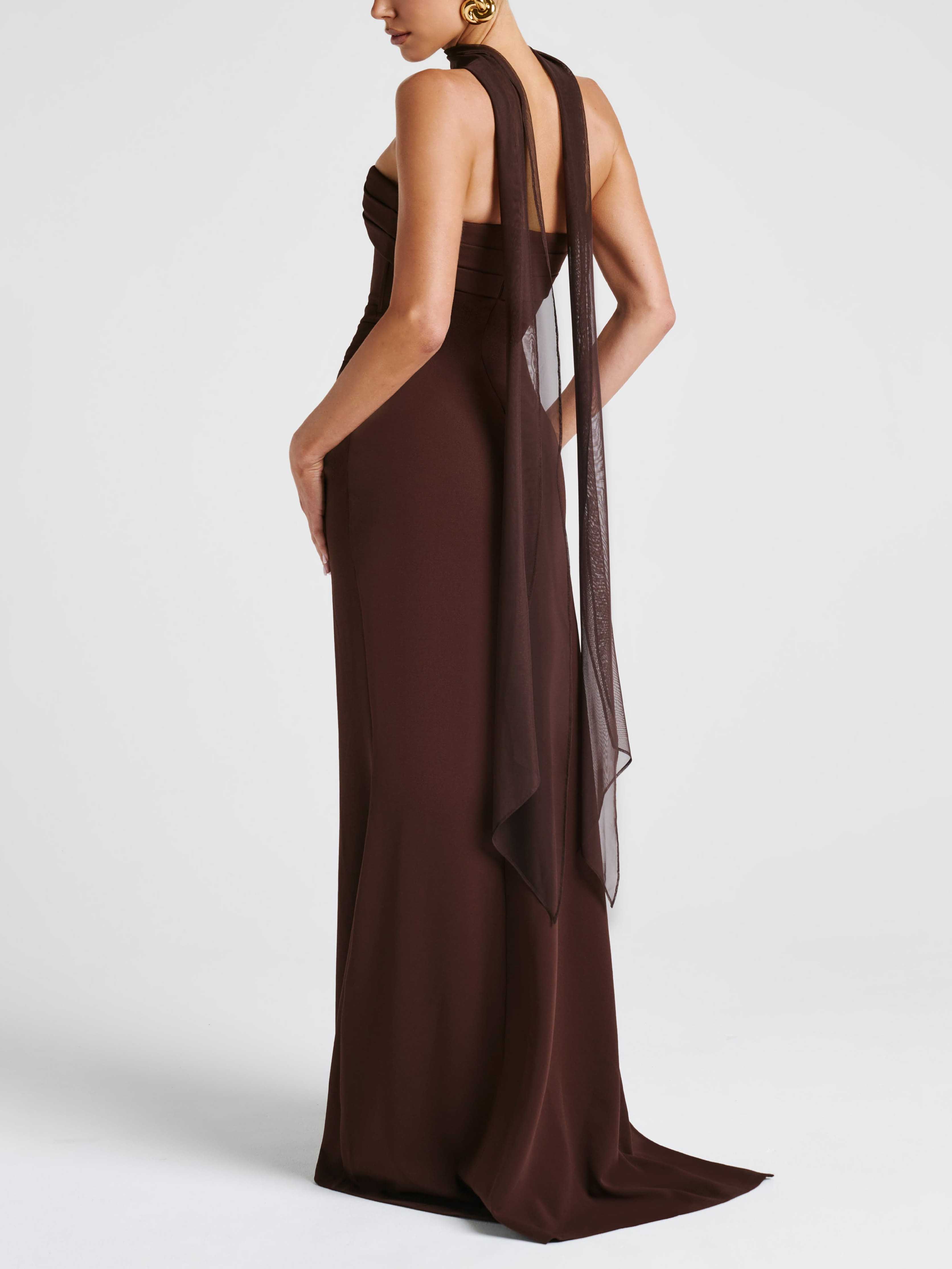 Elegant Bandeau Neck Slit Party Maxi Dress