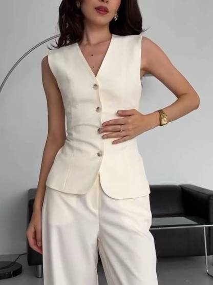 Back Lace-Up Vest And Wide Leg Pants Suit-Pants