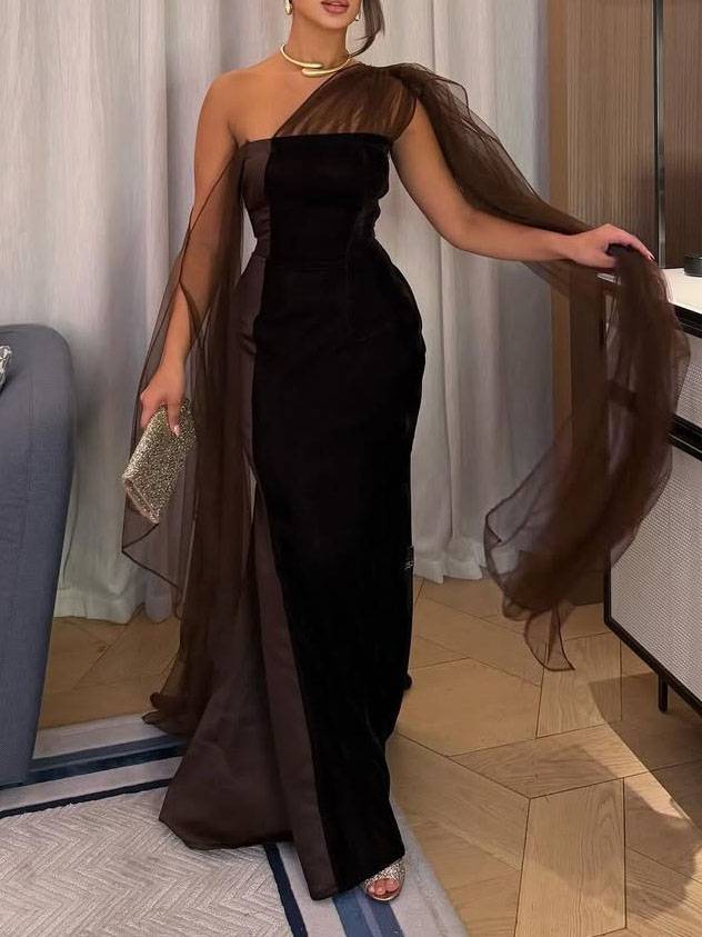 Tulle Ribbon Color Contrast Design Maxi Dress