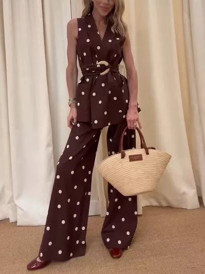 Classic Retro Polka Dot Vest And Wide Leg Pants Set - Vest