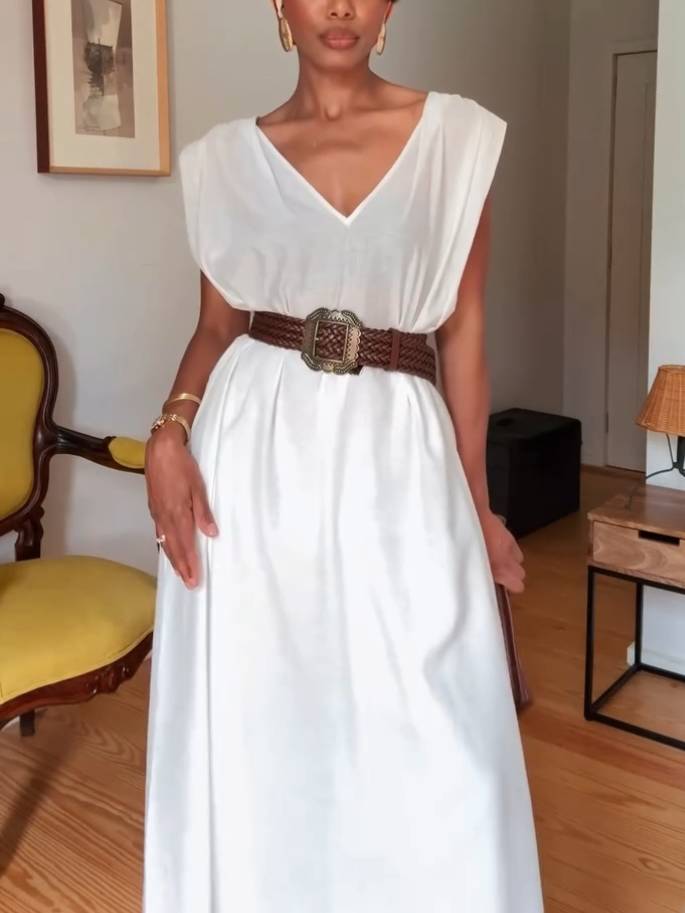 V-neck Loose Dress And Wide Leg Pants Suit (Belt Not Included)