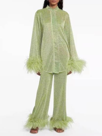 Feather Stand Collar Shirt Wide-leg Pants Suit