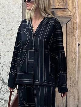 Geometric Letter Print Shirt Wide Leg Suit-Shirt